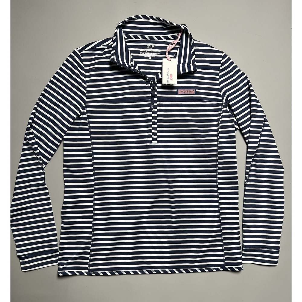 Vineyard Vines The Shep Shirt 1/4 Zip Striped Golf Polo Nautical Navy White M - Picture 1 of 8